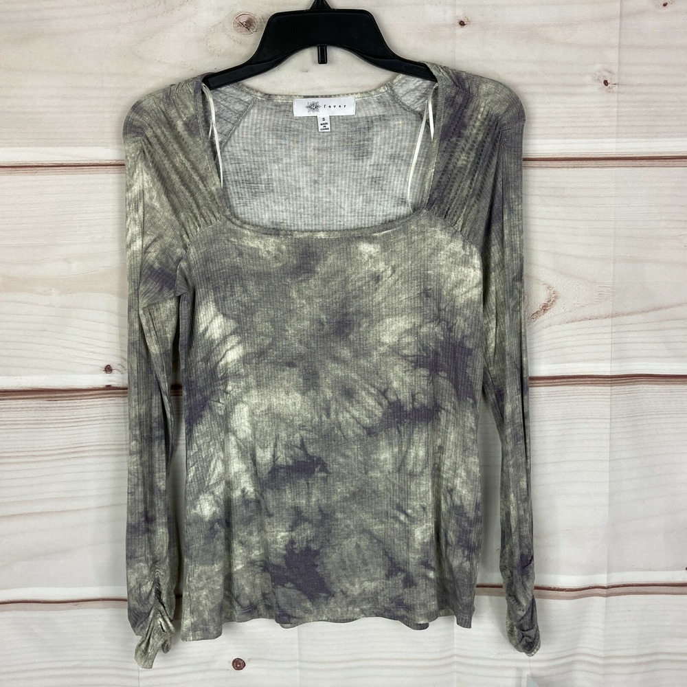 Fever Top Womens Small Tie-Dye Square Neck Rib Knit Long Sleeve T-Shirt Pullover